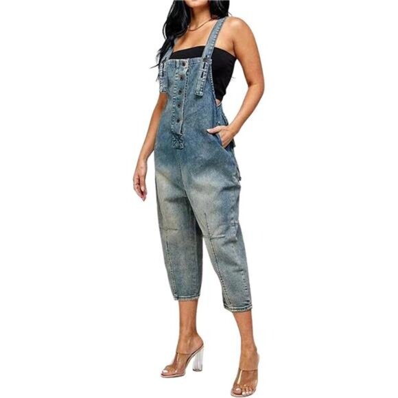 Women's Casual Loose Fit Jean Jumpsuit Blue